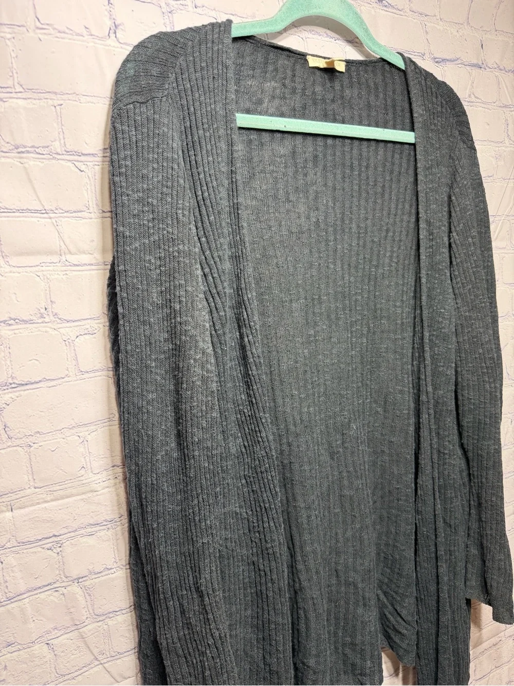 Eileen Fisher Linen Blend Ribbed Open Front Cardigan Dark Gray Sz 2X Organic